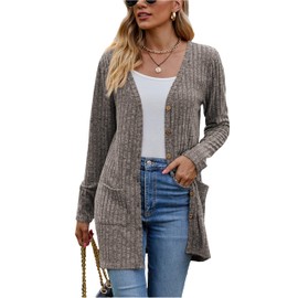 Famulily Women's Long Sleeve Open Front Cardigans, Button Down V Neck Lightweight Outwear Pullover with Pockets, coffee