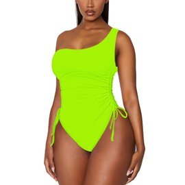Viottiset Traje de baño de una pieza con un hombro fruncido y control de abdomen para mujer, Verde neón, L