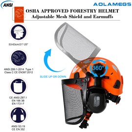 Aolamegs Chainsaw Helmet with Face Shield and Ear Muffs-Orange Forestry Helmet with Hearing Protection and Mesh Full Face Mask, OSHA Approved Arborist Safety Helmet with Ear Protection for Mowing