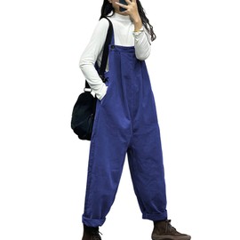 YESNO Overalls Women Plus Size Loose Fit Jumpsuits Adjustable Waist Casual Long Bib Pants Cotton Rompers with Pockets XL PQ1 Navy Blue