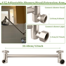 Rain Shower Head Extension 12 Inch Adjustable Rain Shower Head Extension Arm Stainless Steel Shower Head Holder G1/2 Universal Connector Compatible (Brushed Nickel)
