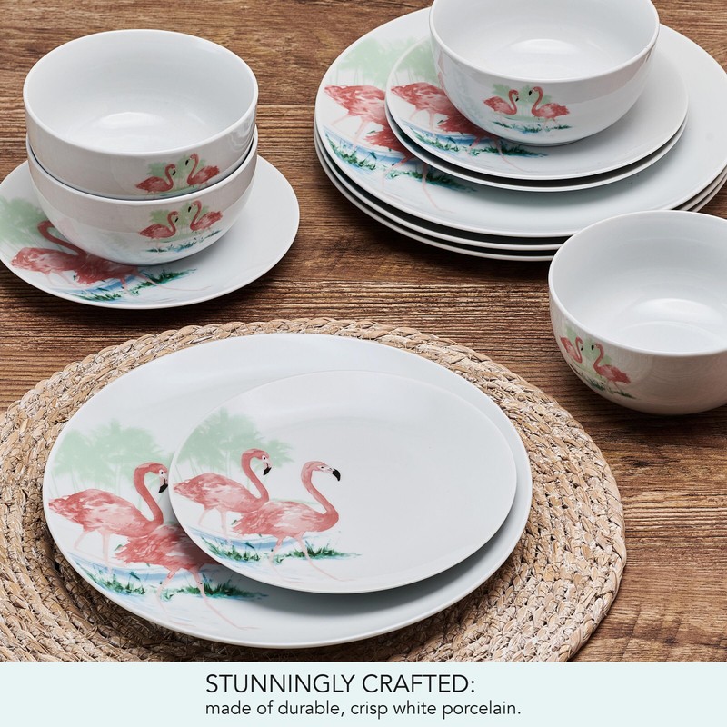 Studio Nova Flamingo Haven Tropical 12 Piece Dinnerware Plate Bowl