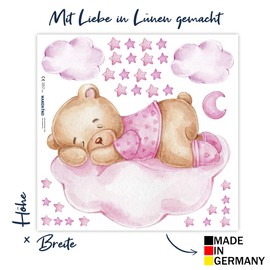 Bear on the Cloud Wall Sticker Pink V269 | Hand Drawn | Sticker Nursery | Wall Sticker for Children's Room Teddy Bear with Stars Teddy Girls Room (40 x 40 cm)