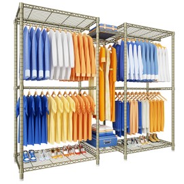 Ulif E12 Clothes Rack，Heavy Duty Freestanding Garment Rack with Shelves，Metal Clothing Closet Storage System for Hanging Clothes，71" W x 16" D x 76.5" H, Hold 960 lbs，Gold