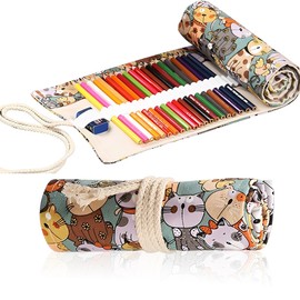 GXGM 48 Holes Canvas Pencil Roll Roll Pencil Case Canvas Pencil Wrap Pencil Roll Pencil Case Roll Cat Cartoon Pattern for Watercolour Pencils Colouring Pencils Pack of 1, bronze