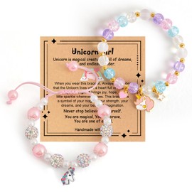 DragonHue Cute Unicorn Bracelet Stuff Set Adjustable Crystal Beads Unicorn Charm Pink Pearl Jewelry Birthday Christmas Gifts for Gir Daughter Granddaughter Niece