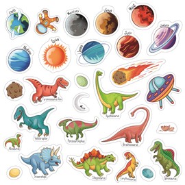 WALPLUS Gel Clings Removable Reusable for Kids Toddlers Classroom Nursery Window Display Dinosaurs And Solar System 28 pieces