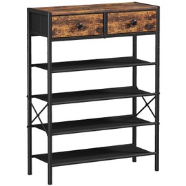 UNITSTAGE Shoe Rack, 5 Tier Shoe Storage Organizer with 2 Drawers, 16-20 Pairs of Shoes for Entryway, Metal Shoe Shelf with 4 Fabric Shelves and Wooden Top, Shoe Stand for Closet Rustic Brown
