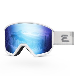 Excoutsty Ski Goggles Men Women-OTG Anti Fog Snow Goggles,Interchangeable Lens 100% UV400 Protection Snowboard Goggles (A5-White Frame Blue Lens Vlt 46%)