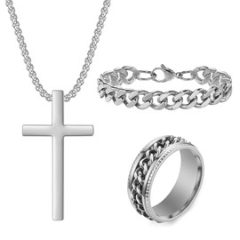 ZENGSING Cross Necklace Men's Stainless Steel Men's Bracelets Stainless Steel Men's Rings Set Silver Gold Black Jewellery Men Women Cross Pendant Chain Bracelet Chains Rings Jewellery for Men,