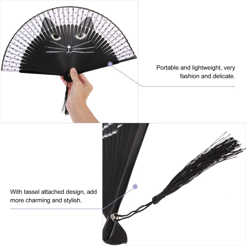 Black Cat Folding Fan - Cartoon Cat Handheld Bamboo Silk