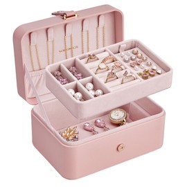 SONGMICS JBC166R01 Jewelry Box, Carrying, Accessory Case, Small, 2-Layer Travel, Portable, Jewelry Suitcase, 4.3 x 6.3 x 3.1 inches (11 x 16 x 8 cm), For Necklaces, Rings, Watches, Cosmetics, Presents