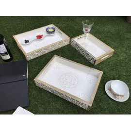 SAVON Rustic Wood Tray set of 3 torched nesting hand carved set white flowers wooden