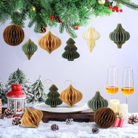 Janinka 24 Pcs 24 Pcs Christmas Paper Honeycomb Ornaments 3D Mini Glitter Edge Honeycombs Lantern Reusable Vintage Christmas Hanging Neutral Ornaments for Tree New Year Home Decor (Retro Color)