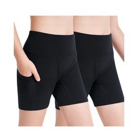 Stelle Girls 4" Bike Volleyball Shorts with Pockets Youth Athletic Yoga Dance Gymnastics Compression(Black+Black,M)