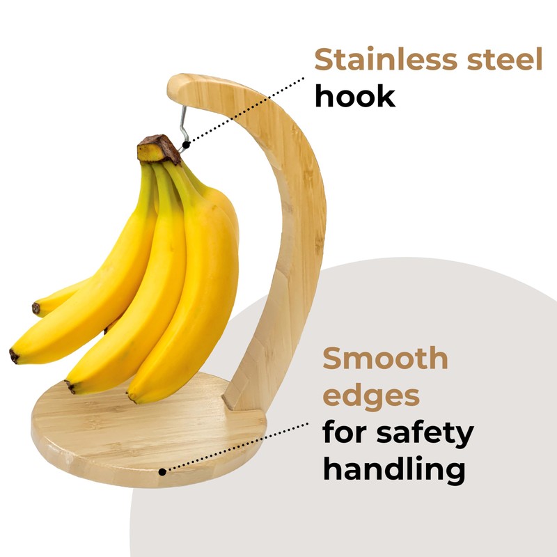 JS Gourmet Bamboo Banana Stand with Stainless Steel Hanging Hook,