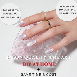 Medium Square Cat Eye Coffin Press on Nails, Light Lavender Purple Metallic Glitter Glossy Reusable Gel Press on Acrylic Fake Nail with Designs, Petite Medium Square Glue on Nail for Women Gift