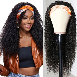 Urshiney Curly Human Hair Headband Wigs for Women Machine Made None Lace Front Kinky Curly Wigs Human Hair With Headband No Shedding Natural Black Can Be Dyed 18 Inch