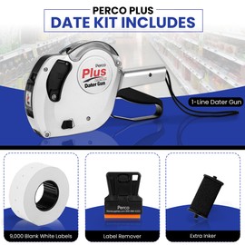 Perco Plus 1-Line Date Marking Gun with Labels Kit - Includes 1-Line 8-Character Band Date Labeler Gun, 9,000 Blank White Labels, a Label Scraper, and an Extra Inker - Same Band as Monarch 1131-01