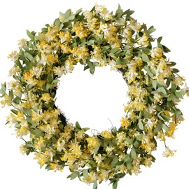 Forsythia Flowers Wreath with Green Leaves for Front Door, Spring Everyday Artificial Flower Wreath for Indoor Outdoor, Rustic Farmhouse Light Yellow Color Forsythia Wreath for Home Decor