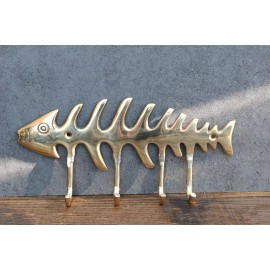 Ebros Gift Brass Metal Golden Fishbone Fish Bone Marine Coastal 4 Peg Wall Hooks Plaque