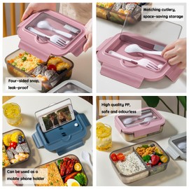 BRYN 1400ml Brotdose mit Fächern, Lunchbox Bento Box Mikrowellengeeignet, Versiegelt Vesperbox mit Besteck für Picknick, Camping, Fitness, Schule, Büros (Blau)