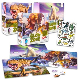 Glow in The Dark Puzzles for Kids - 3 Pc Bundle with 100 Pc Glow Zone Jigsaw Educational Learning Puzzle Toys Featuring Animals, Dinosaurs Plus Tattoos | Puzzle for Kids Ages 5 and Up