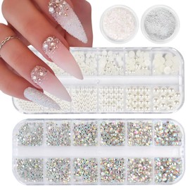 4 Boxes Nail Charms for Nail Art Rhinestones Flatback Pearls Chrome Nail Powder, Glitter Nail Accessories for Acrylic Nails, Crystal Nail Gems Half Round Design, Nail Supplies for DIY Manicure Crafts