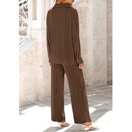 PRETTYGARDEN Women's 2 Piece Textured Sets Casual Button Down Shirt Wide Leg Pants Outfit Loungewear Tracksuit (Coffee,Medium)