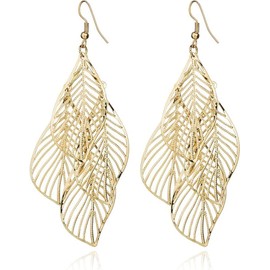 Bohemian Layered Filigree Leaf Earrings for Women Girls Handmade Silver Gold Plated Big Boho Lightweight Chandelier Hollowed Out Leaves Dangle Drop Earrings (Gold Filigree Leaf, One size)
