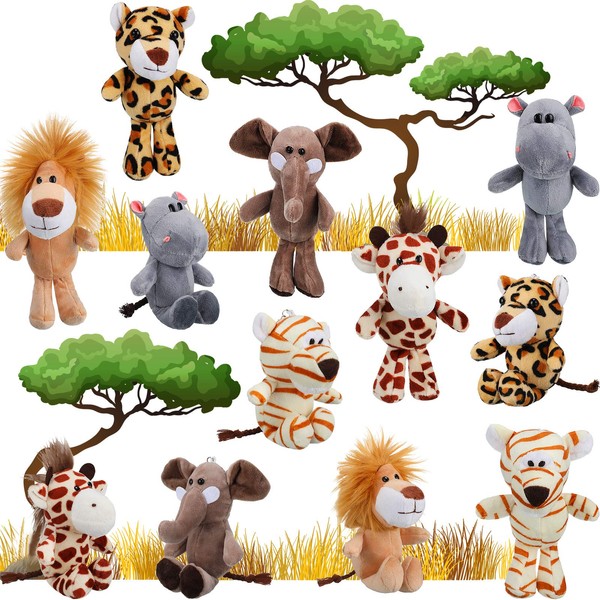 12 Pieces Mini Stuffed Forest Animals Jungle Animal Plush Toys in 4.8 Inch Cute Plush Elephant Lion Giraffe Tiger Plush for Animal Themed Parties Teacher Student Achievement Award (Standing)