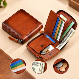 Men's Genuine Leather Zipper Wallet – Compact Short Wallet with Card, Cash and Coin Storage