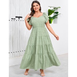 Women's Plus Size Summer Dresses Sweetheart Neck Ruffle Short Sleeve Casual Boho Floral Pleated Long Dress Green Flower