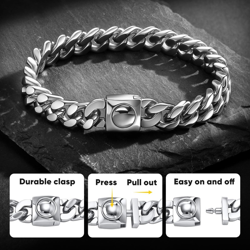 Chunky Cuban Link Chain Bracelet for Men: 9mm Width Silver