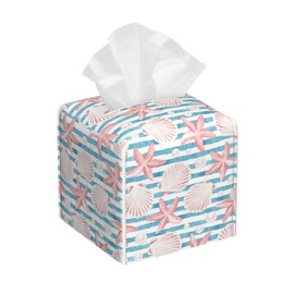 POIUBLE - Soporte para caja de pañuelos con conchas de mar y estrellas de mar, color rosa, organizador de papel facial portátil decorativo para el hogar, oficina, baño, encimera de cambiador