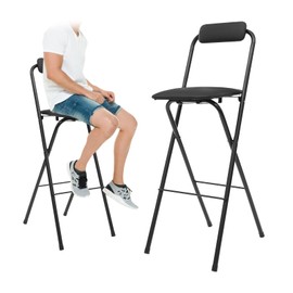 LUNUMAOS 29" Tall Folding Bar Stool with Cushioned Pad and Backrest, Portable Bar Stool, Tall Folding Chairs, 275lbs Load Capacity, for Kitchen, Living Room, Garden, Camping, Black