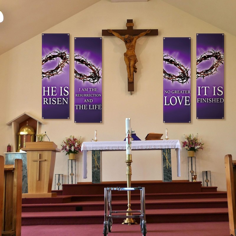 Hosuly 4 Pcs Easter Church Banners with Scripture Purple Easter