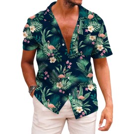 KYKU Men's Hawaiian Shirts Vacation Button Up Shirt Flamingo, Green, XX-Large
