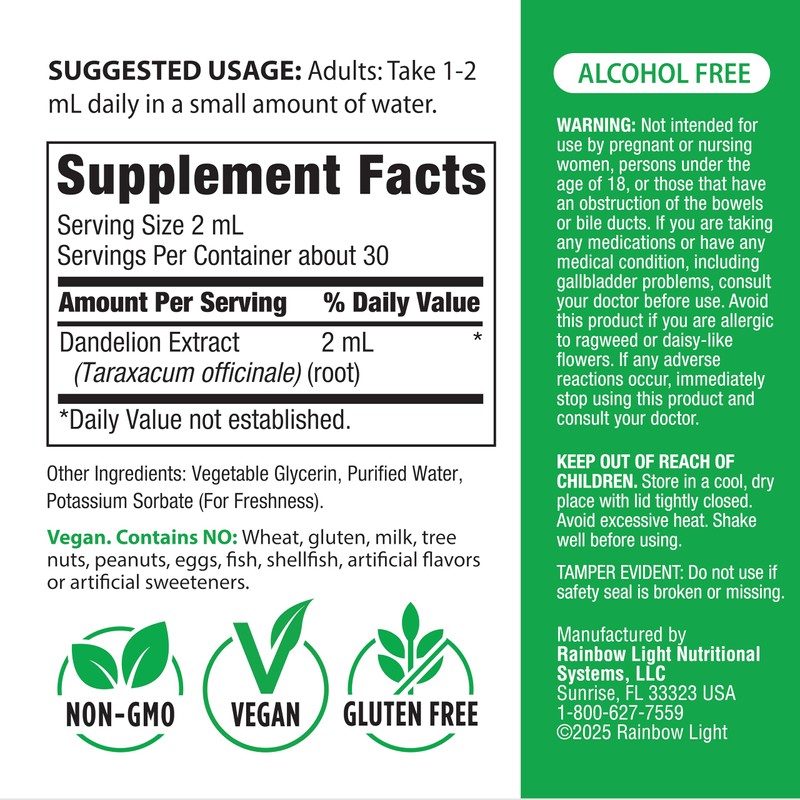 Rainbow Light Dandelion Root Extract Supplement | 2 Fl Oz