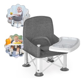 Baby Travel Booster Seat with Double Tray, BabyBond Upgraded Toddler Portable Baby Chair, Booster Seat for Dining Table, Stable and Foldable Booster Baby Chair for Indoor/Outdoor (Grey)