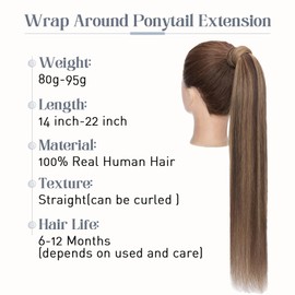 Rich Choices Ponytail Extension 100% Real Human Hair Wrap Around Remy Ponytail Extension for Women Clip In Long Pony tail Extensions Straight 15 Inch #4P27 Medium Brown Highlighted Dark Blonde