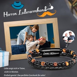 YIBONIKA Gifts for Men Leather Bracelet Natural Stone Tiger's Eye Stone Bead Bracelet Gift for Him Dad Husband Son Grandpa Grandson Nephew Brother Friend for Valentine's Day Father's Day Birthday with