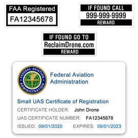 FAA Drone Labels (2 Sets of 3) + FAA UAS Registration ID Card for Hobbyist Pilots - Optional Battery Labels