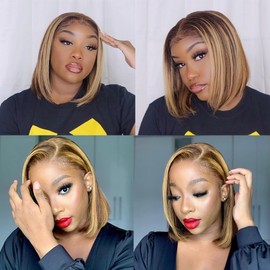 Ombre 13x4 Lace Front Wigs Human Hair Bob Wigs for Women Human Hair Straight Highlight Glueless Bob Wigs Human Hair Pre Plucked with Baby Hair 10 Inch Perruque Femme Humain Naturel 4/27#