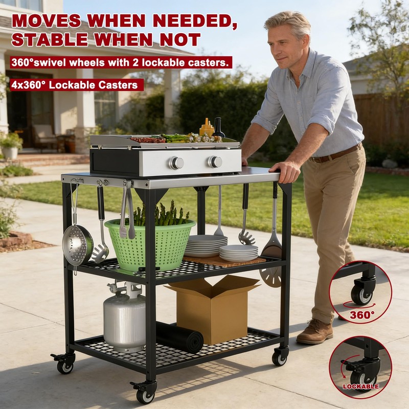 TAILGRILLER Stainless Steel Grill Cart on Wheels, Heavy Duty 3-Shelf
