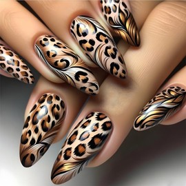 Leopard Press on Nails Medium Almond Fake Nails Fall False Nails with Design Cheetah Glue on Nail Glossy Full Cover Reusable Nail Kit for Women Girl Manicure 24Pcs