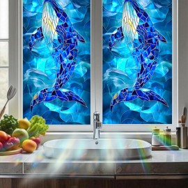 Nuxovilar Stained Glass Whale Window Film, 17.7×39.4inch Whale Pattern Static Cling for Home Decor (Frosted)