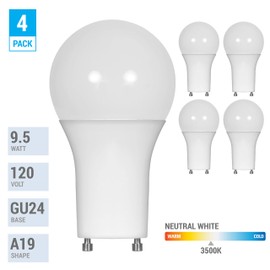 (4 Pack) LED GU24 A19 Light Bulbs 60 Watt Equivalent 9.5 Watt Dimmable Lights for Home with Twist & Lock Base Replacing CFL GU24 Ceiling Light Omni 220 Degree Beam Angle 800 Lumen. Natural White 3500K