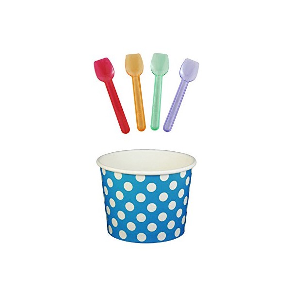 Black Cat Avenue Paper Ice Cream Cups with Spoons Combo, Polka Dot, Blue, 16 Ounce, 50 Pack