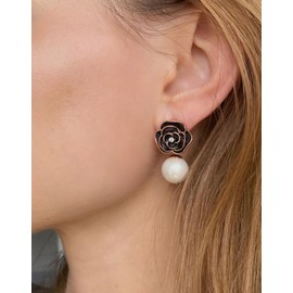 Fashion Designer Imitation Pearl Black Camellia Flower Charm Dangle Drop Earrings Studs For Women, Large, Zinc, Pearl